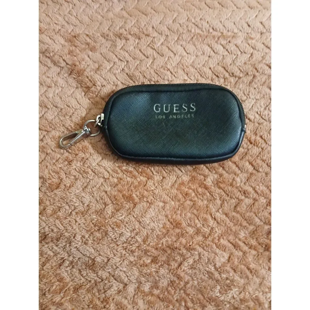 GUESS Black Coin Purse Keychain Zip Pouch Wallet Silver Clip Logo